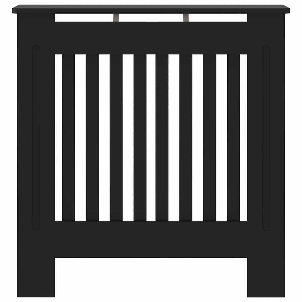 Black engineered wood radiator cover with a slatted front panel