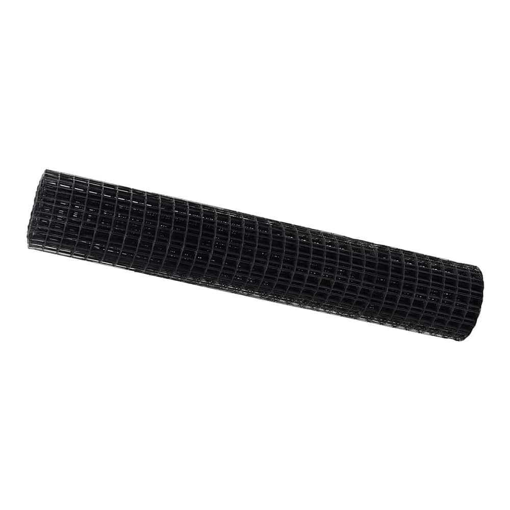 A roll of grey PVC-coated iron wire mesh fencing, ready for installation