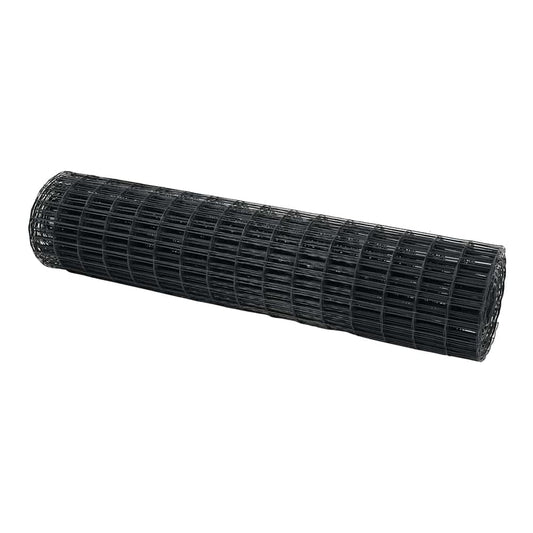 A tightly rolled grey PVC-coated iron mesh fence on its side