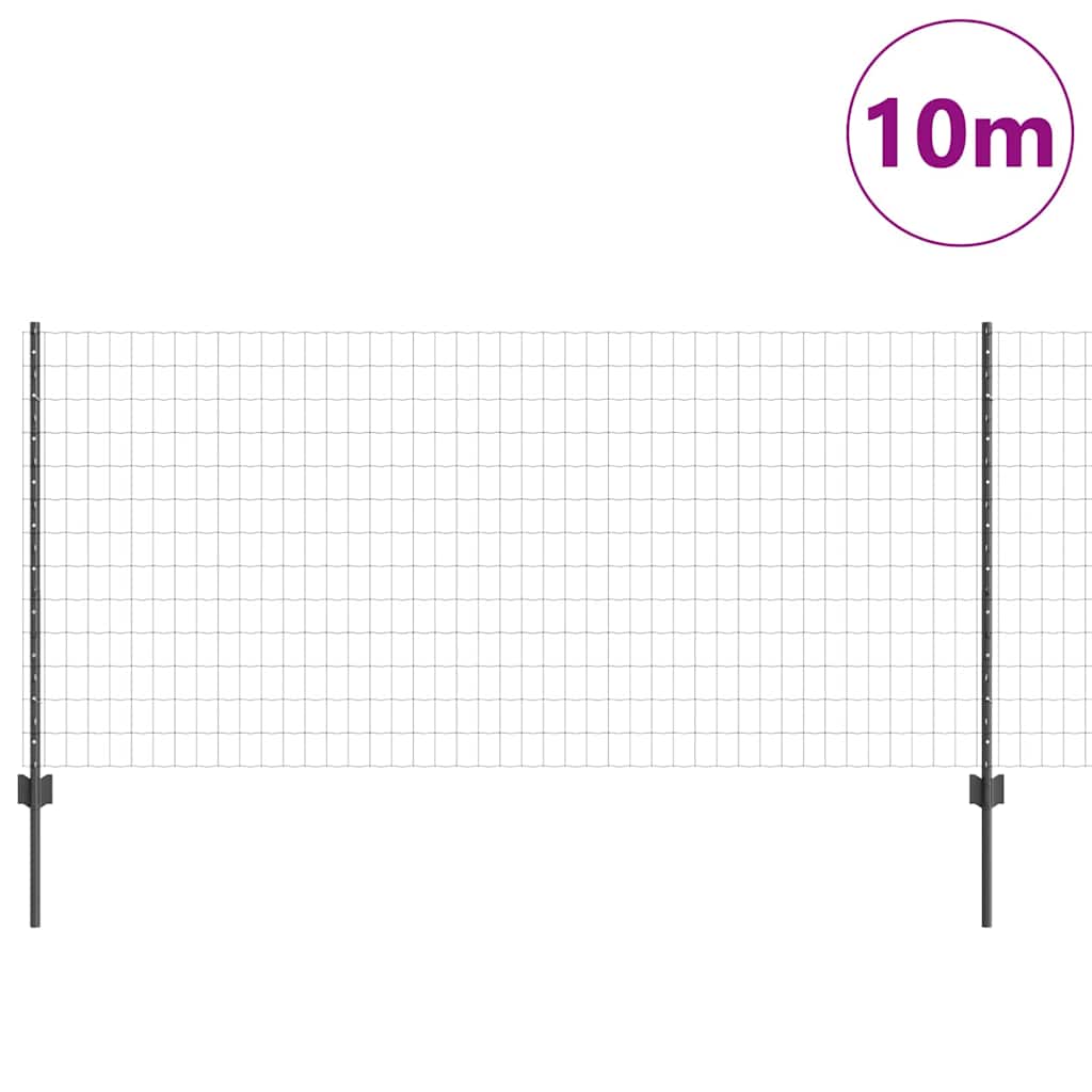A grey wire mesh fence panel with metal posts and a 10m label