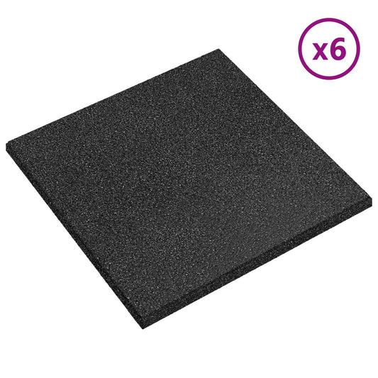 six black rubber fall protection tiles arranged in a grid