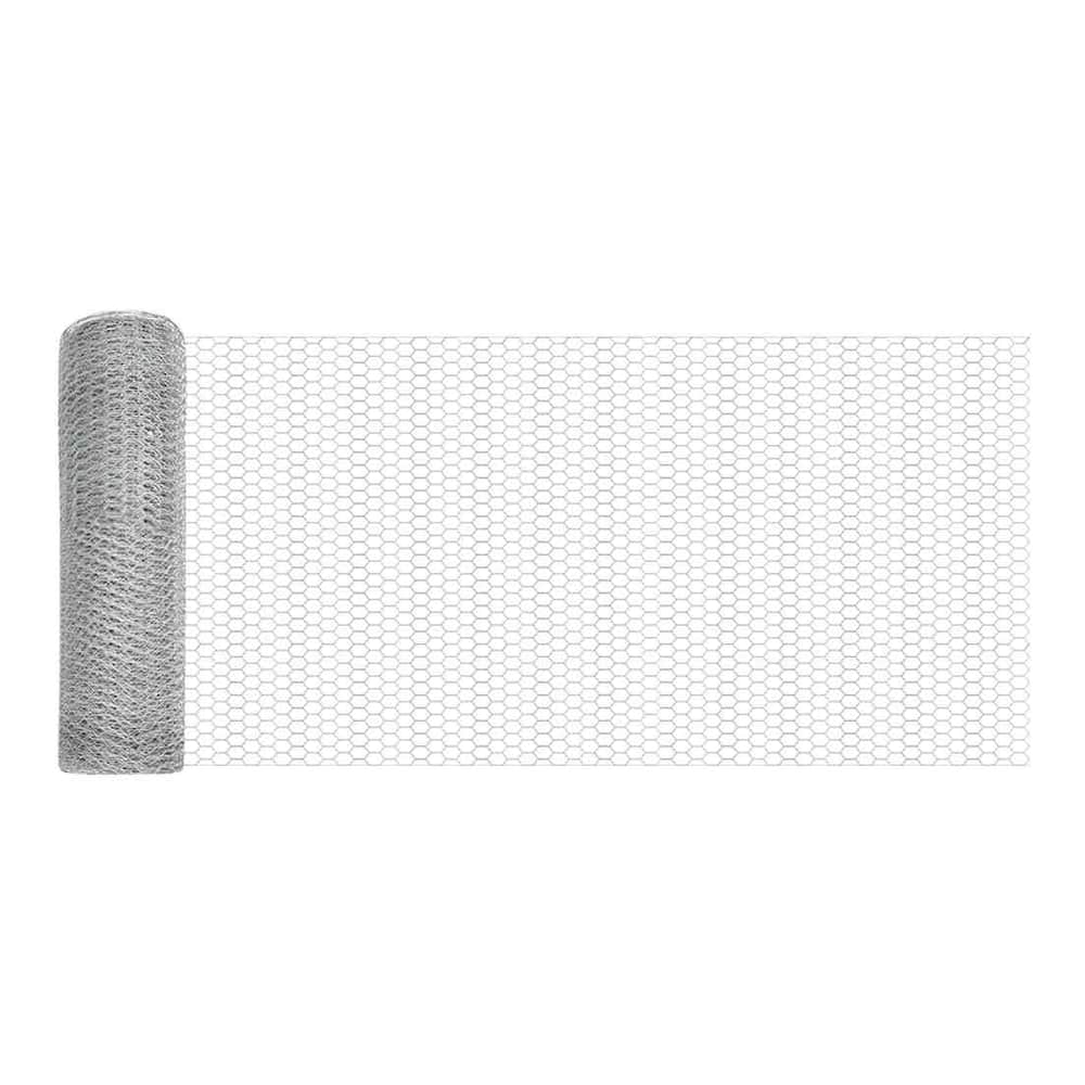 the fence panels featuring a partially unrolled section of hexagonal wire mesh