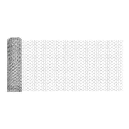 the fence panels featuring a partially unrolled section of hexagonal wire mesh