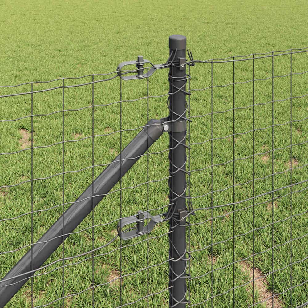 Close up of a grey powder-coated steel fence post with wire attachment