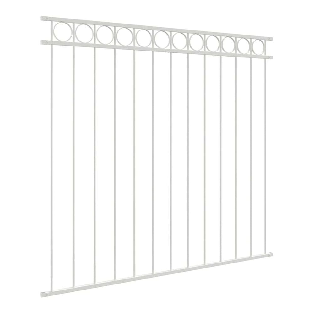 White steel fence panel shown at an angle against a blurred background