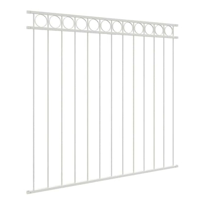 White steel fence panel shown at an angle against a blurred background