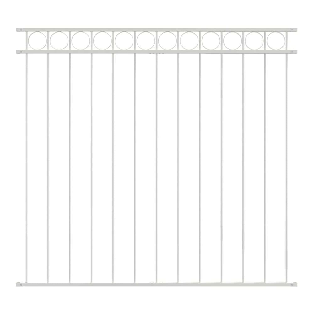 White steel fence panel with vertical bars and decorative circles at the top