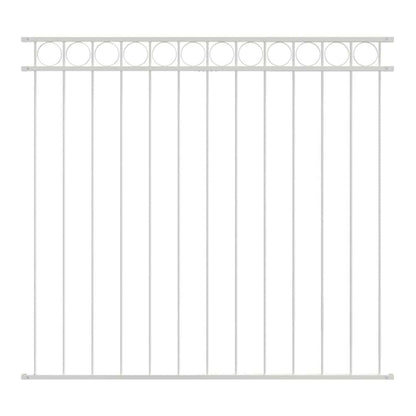 White steel fence panel with vertical bars and decorative circles at the top