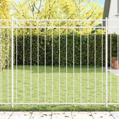 vidaXL Fence Element ASSEN Steel White installed in a garden with green grass and trees