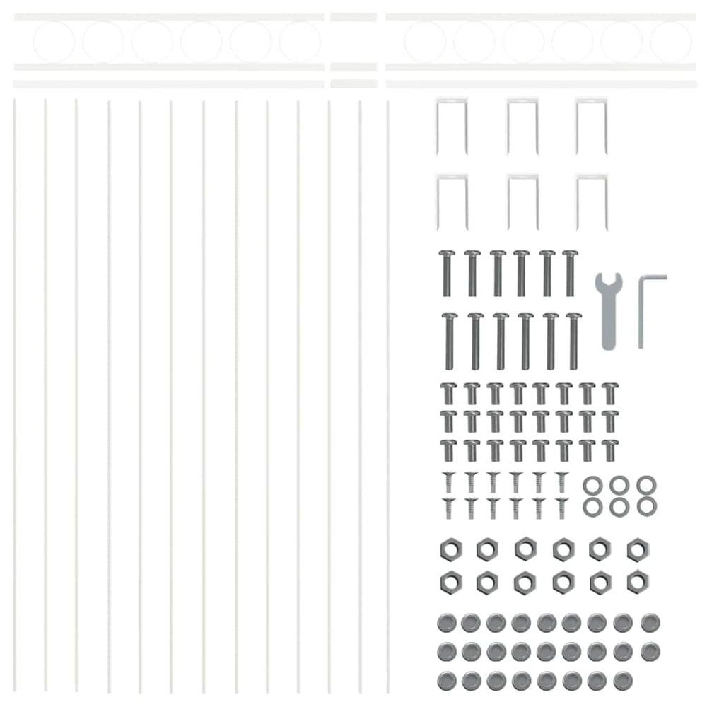 All the parts included to assemble the white steel fence panel