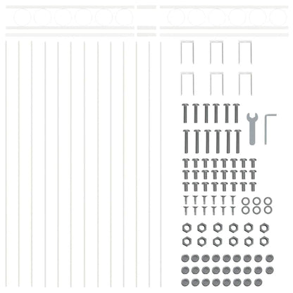 All the parts included to assemble the white steel fence panel