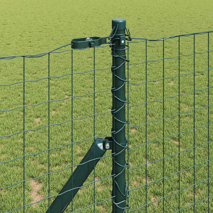 Close up of the green steel fence post with wire mesh attachment