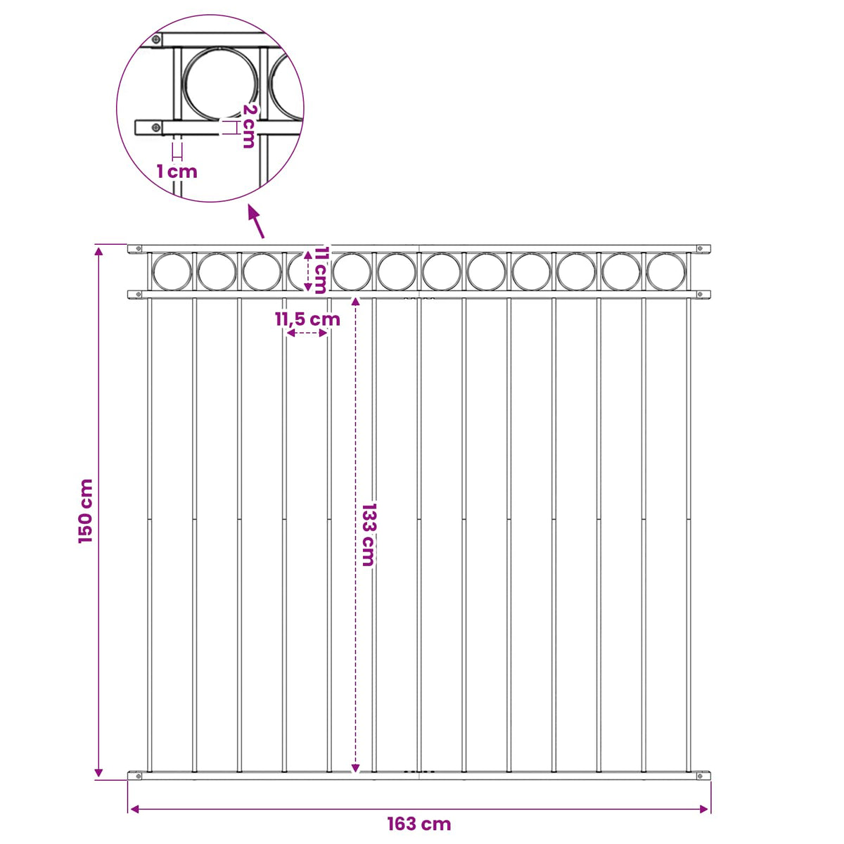 Diagram of a black steel fence panel showing dimensions and measurements for height and width