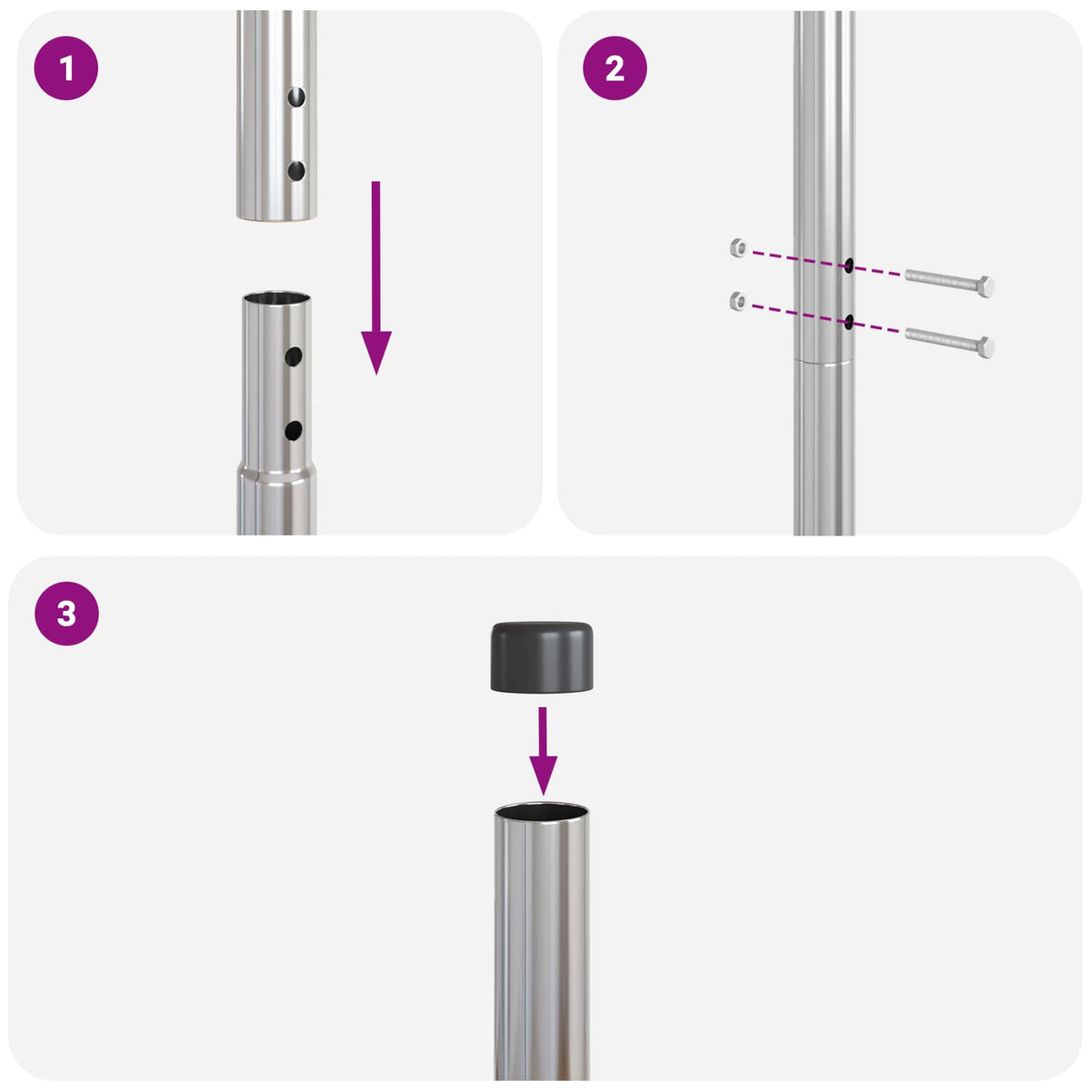 Diagram showing how to assemble a silver powder-coated steel fence post