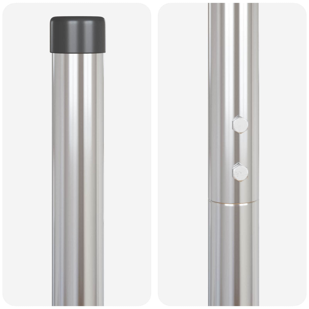 Close-up of the top and middle sections of a silver powder-coated steel fence post
