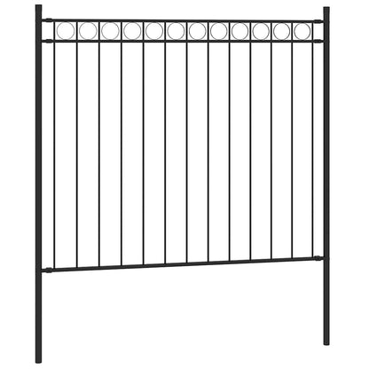 A black steel garden fence panel with vertical bars and a decorative top border