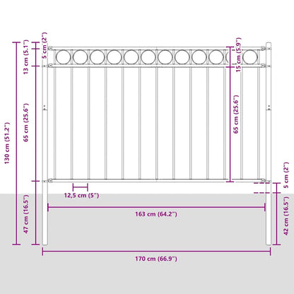 Diagram showing the dimensions of the black steel garden fence panel