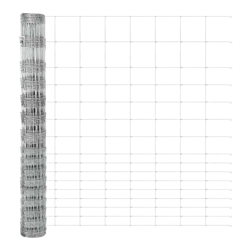 A silver wire mesh fence unrolled showing a grid pattern and vertical metal supports