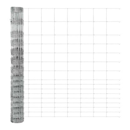 A silver wire mesh fence unrolled showing a grid pattern and vertical metal supports