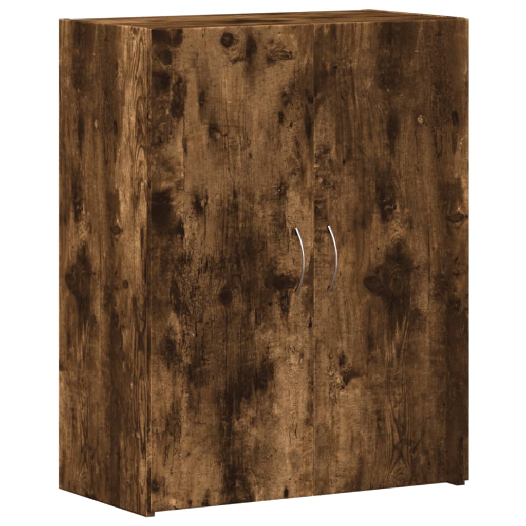 The filing cabinet with a dark wood grain finish and two silver handles on a white background