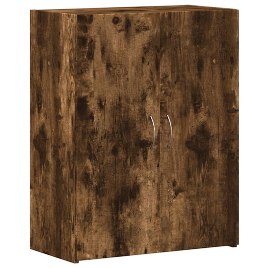 The filing cabinet with a dark wood grain finish and two silver handles on a white background
