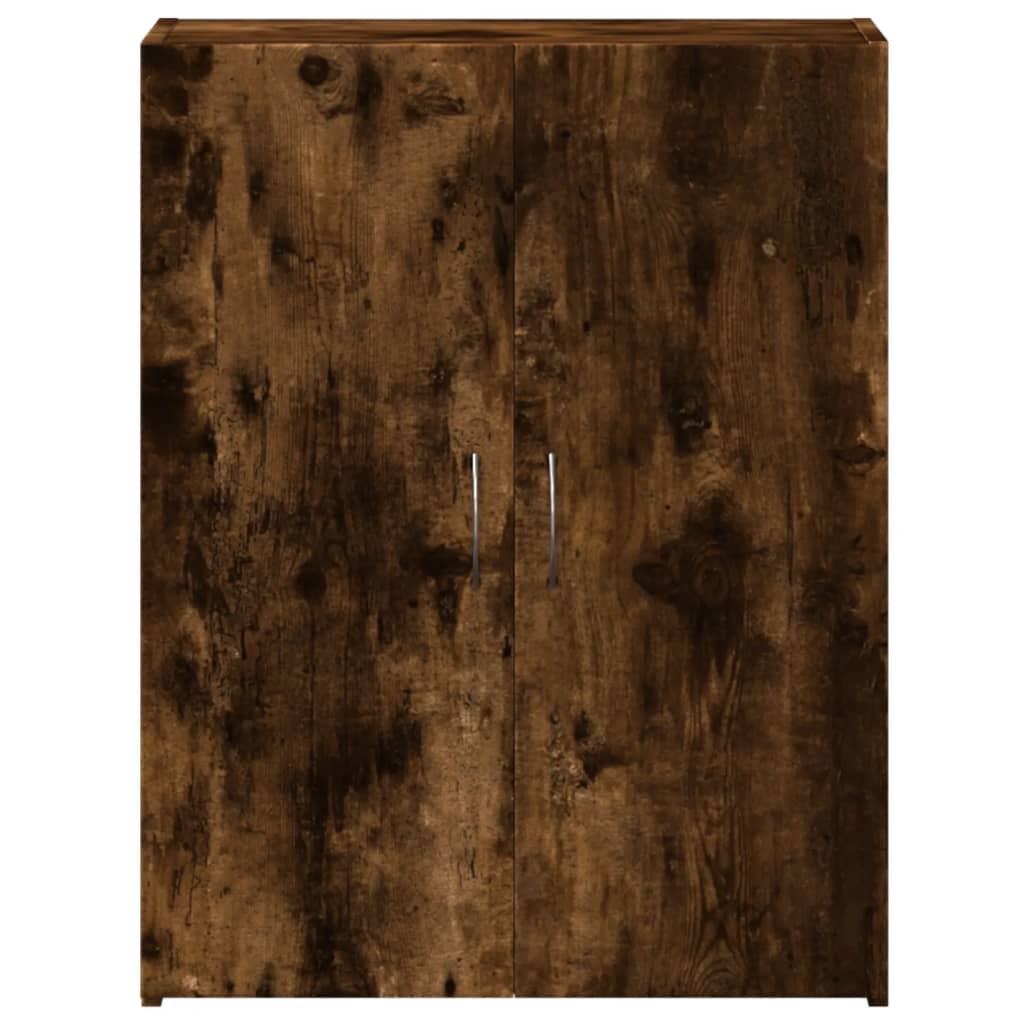 The filing cabinet shown directly from the front with closed doors and silver handles