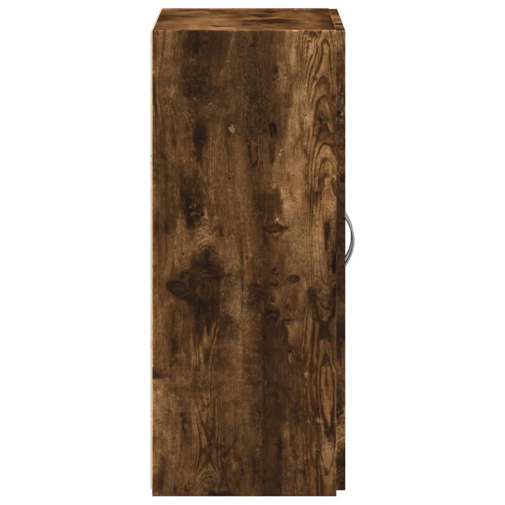 The filing cabinet viewed from the side showing the dark wood grain texture