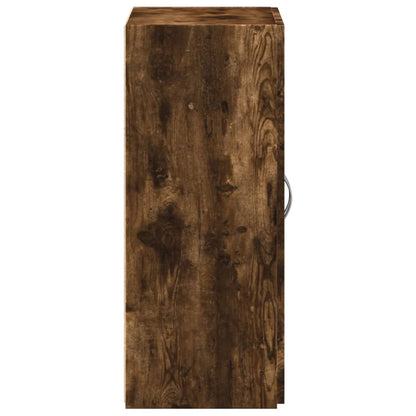 The filing cabinet viewed from the side showing the dark wood grain texture