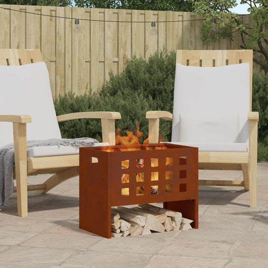 vidaXL Fire Bowl Brown in use on a patio with logs stored underneath and chairs in the background