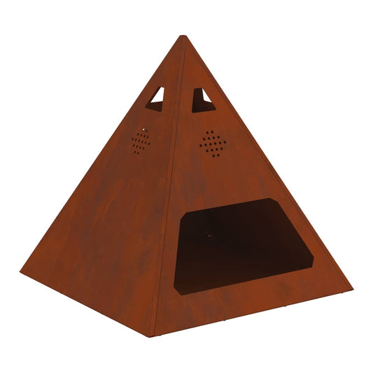 Rusty weathering steel pyramid fire bowl with a large opening