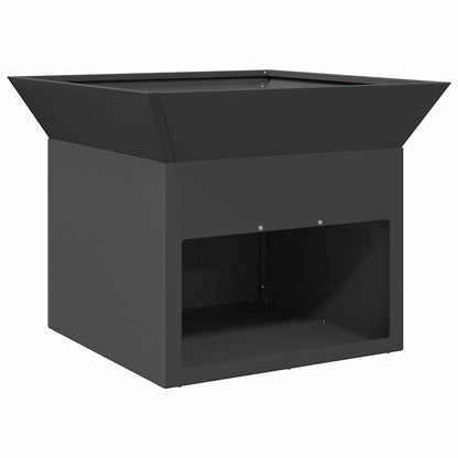 The black steel fire pit with a wide opening at the top and a storage compartment below