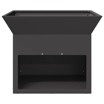 Rear view of the black steel fire pit showing the open storage area