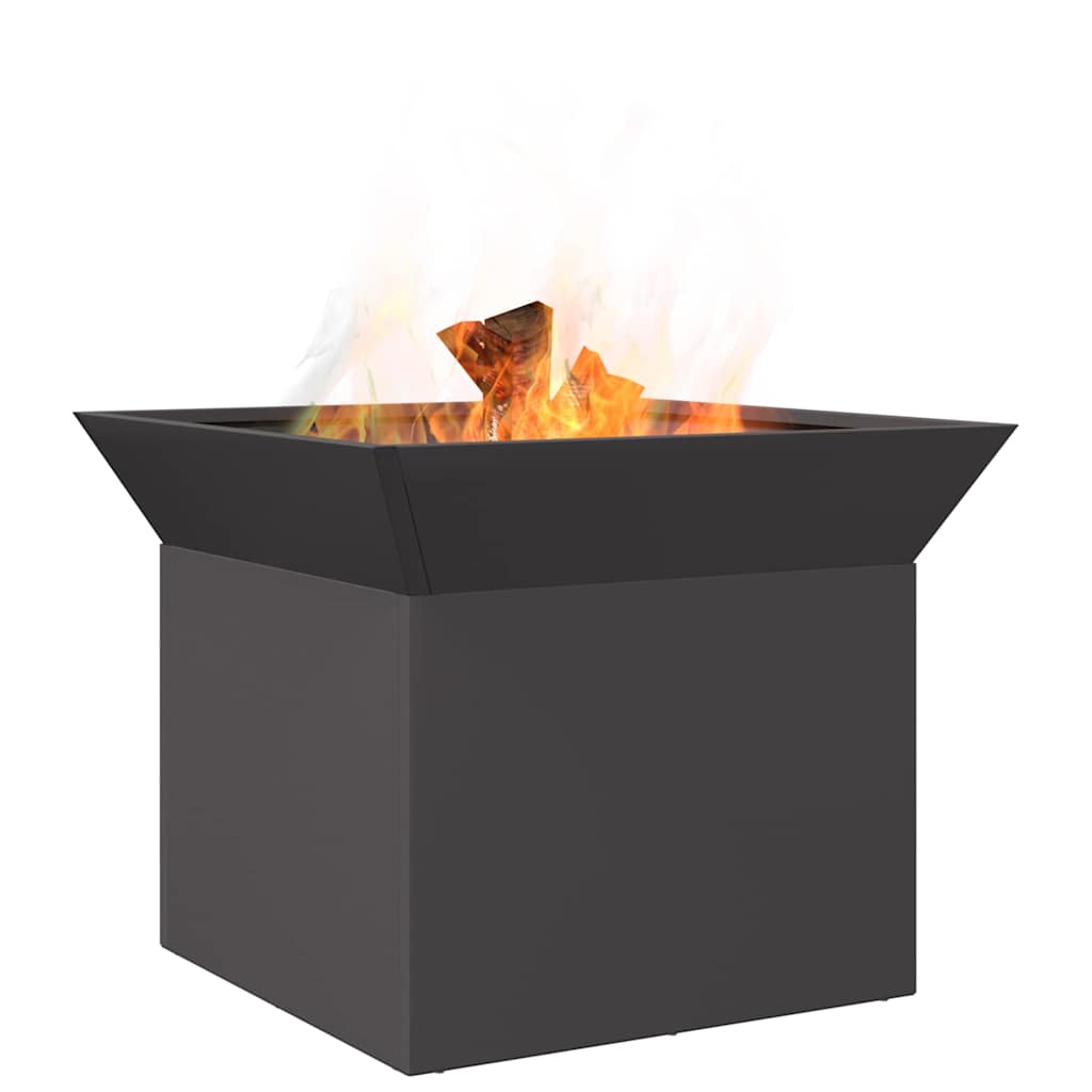 Black steel square fire pit with a fire burning, shown against a white background