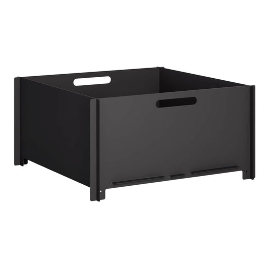 The black steel outdoor fireplace shown from the front with cut-out handles on the sides