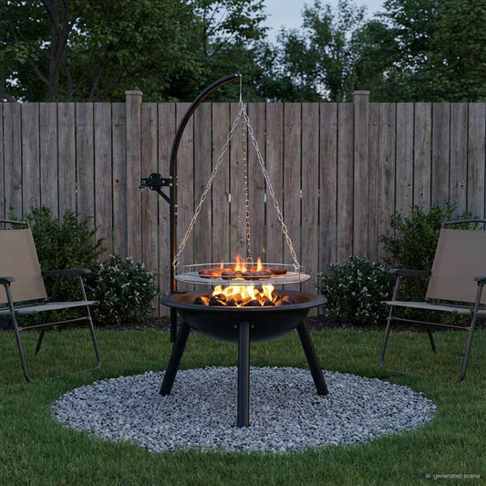 vidaXL Fire Pit with Adjustable Grill in use on a garden patio with chairs and a wooden fence