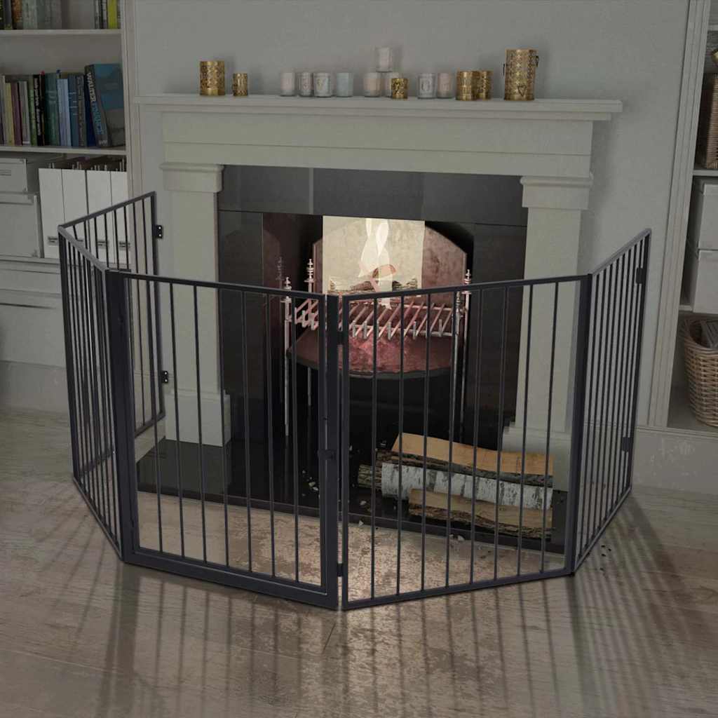 The fireplace screen positioned in front of a lit fireplace in a living room setting