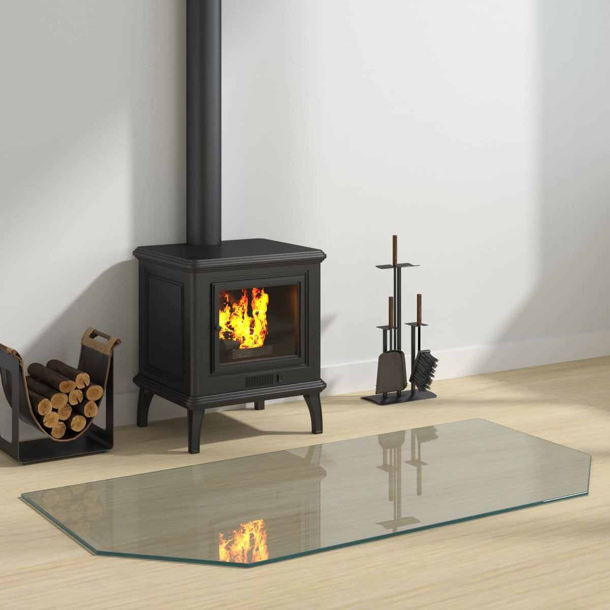 vidaXL Fireplace Glass Plate Transparent placed on a wooden floor in front of a lit wood burner