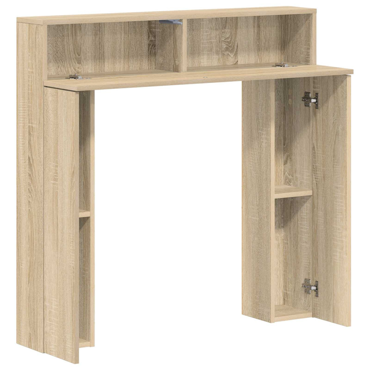 This fireplace surround has open doors and visible internal shelves