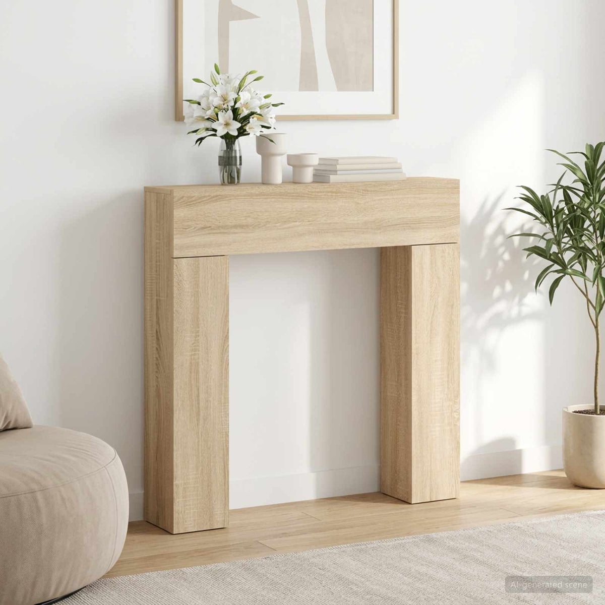 vidaXL Fireplace Surround Sonoma Oak in a room with a chair and plant