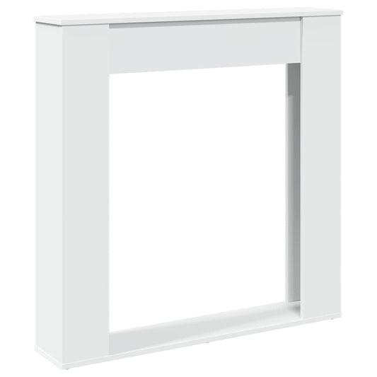 The white fireplace surround shown from a high angle against a plain background