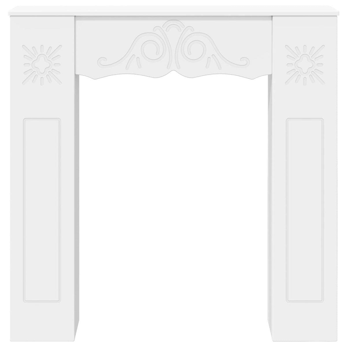 The fireplace surround viewed directly from the front showing decorative carvings