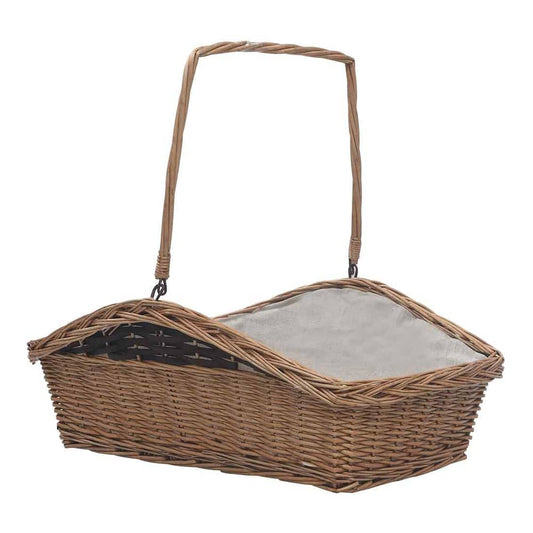 Firewood Basket with Handle Brown Willow, a woven basket with a handle and a light-coloured fabric lining