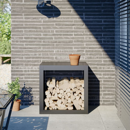 vidaXL Firewood Rack Anthracite, a steel log holder filled with firewood, standing on a patio