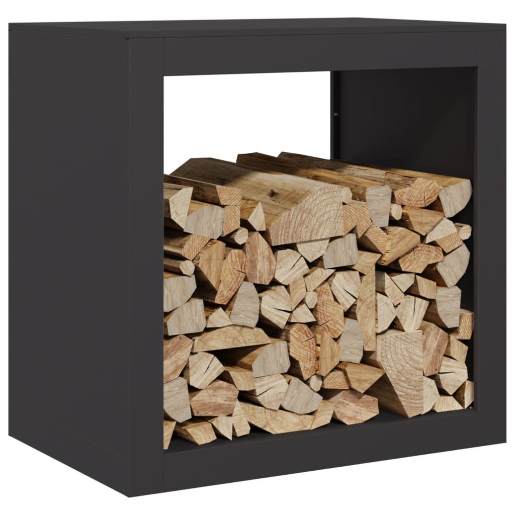 The log rack filled with stacked firewood against a white background