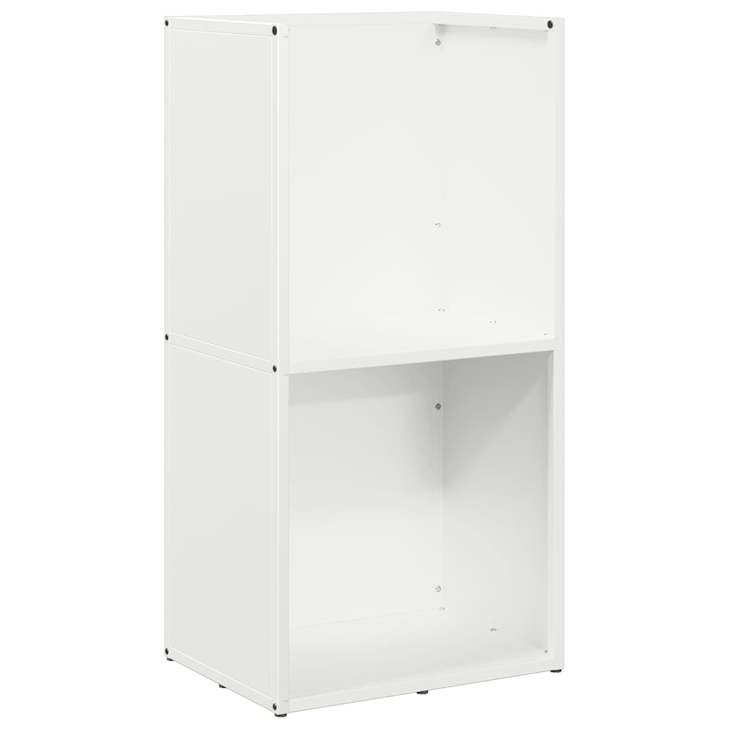 The white firewood rack with two open shelves, showing the inside construction
