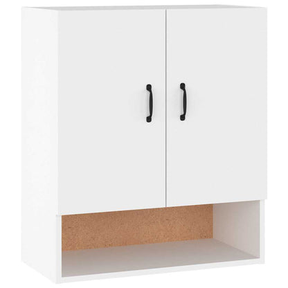 The white wall cabinet with two doors and an open shelf