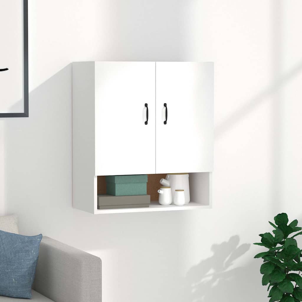Wall Cabinet White Engineered Wood with two doors and an open shelf below