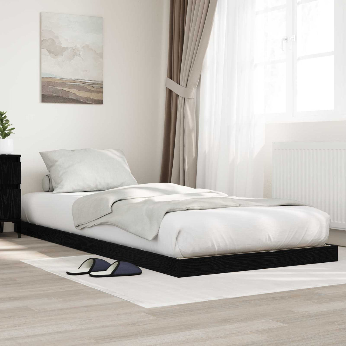 vidaXL Floor Bed Frame Black Oak Engineered Wood in a bedroom setting