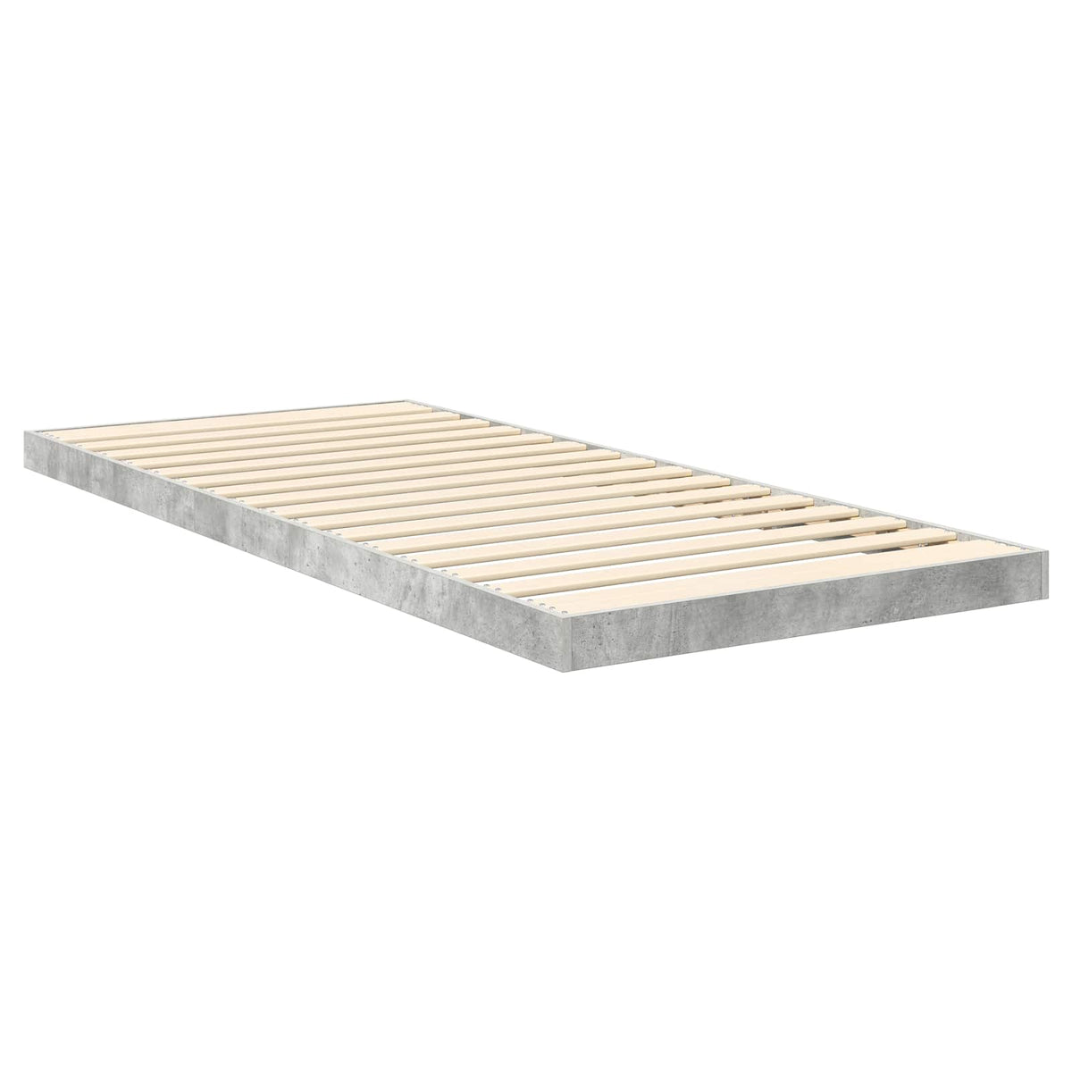 The concrete grey floor bed frame with wooden slats