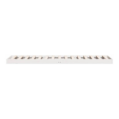 The white floor bed frame, viewed from above, showing the wooden slats